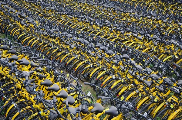 Kerékpárok Kínai Kerékpár Megosztási Szolgáltatás Ofo Sorakoznak Nyílt Térben Weifang — Stock Fotó