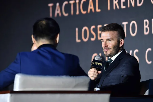 Engels Voetbalster David Beckham Woont Een Forum Tijdens 2018 Expo — Stockfoto