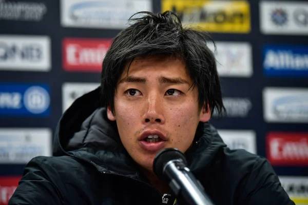 Japansk Fodboldspiller Junya Ito Fra Japans Kashiwa Reysol Deltager Pressekonference - Stock-foto