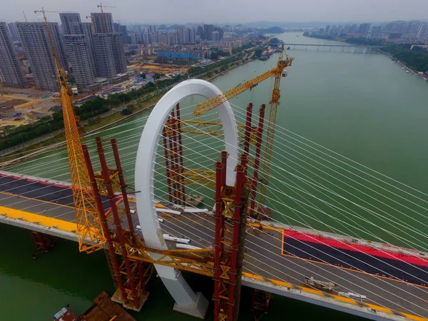 Vue Aérienne Site Construction Pont Baisha Grand Pont Asymétrique Haubans — Photo