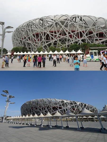 Detta Sammansatta Foto Visar Pekings Nationalstadion Även Kallad Bird Nest — Stockfoto
