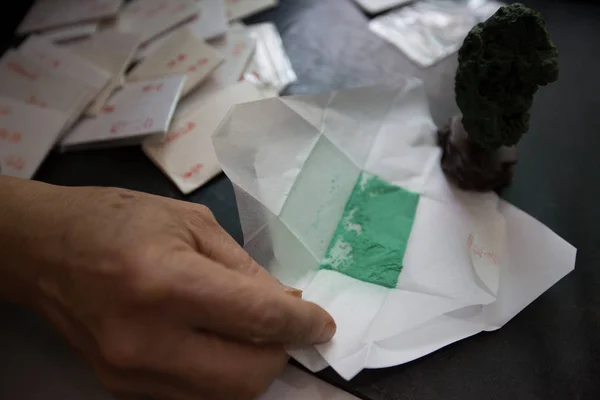 Vue Des Pigments Couleur Pour Peinture Traditionnelle Chinoise Réalisée Par — Photo