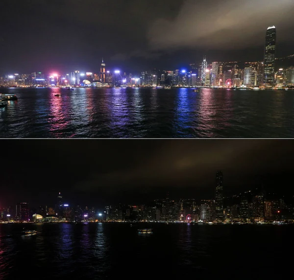 Composite Photo Shows Skyscrapers High Rise Office Buildings Victoria Harbour — Stock Photo, Image