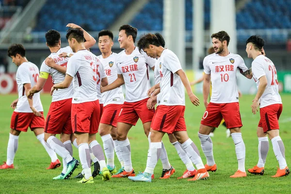 Spieler Von Chinas Tianjin Quanjian Jubeln Nach Ihrem Tor Gegen — Stockfoto