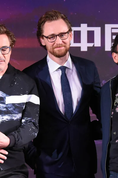 英国俳優トム ヒドルストンは 新しい映画 アベンジャーズ 無限戦争 上海での記者会見に臨んだ 2018 — ストック写真