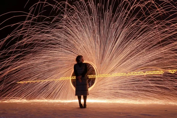 Tourist Waves Fireworks Frozen Songhua River Harbin City Northeast China — стоковое фото