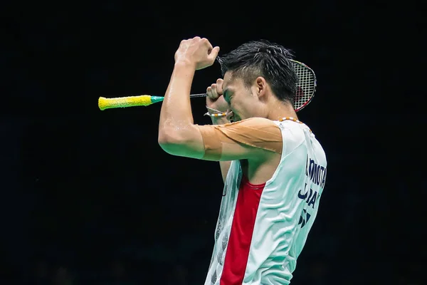 Kento Momota Japonska Reaguje Poté Porazil Chen Long Číny Jejich — Stock fotografie