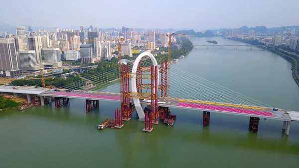 Вид Воздуха Строительную Площадку Моста Байша Крупнейшего Мире Асимметричного Кабельного — стоковое фото