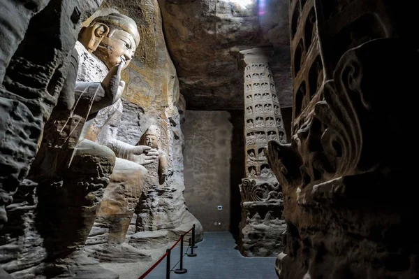 Réplicas Tamanho Real Impressas Estátuas Budistas Nas Grutas Yungang Estão — Fotografia de Stock