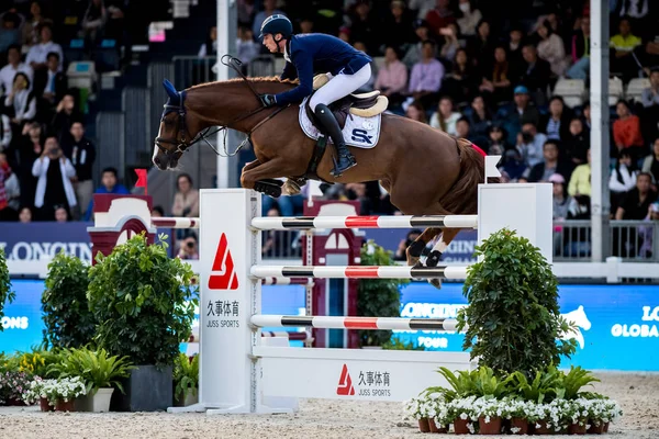 Cavalier Participe Grand Prix Longines Contre Montre Avec Saut Large — Photo