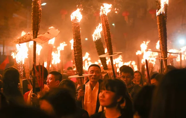 Local Villagers Take Part Parade Torch Festival Fire Festival Pray — Stock Photo, Image