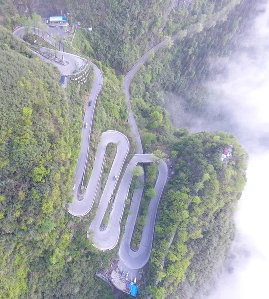 Luchtfoto Van Een Bochtige Bergweg Jishou Stad Xiangxi Tujia Miao — Stockfoto