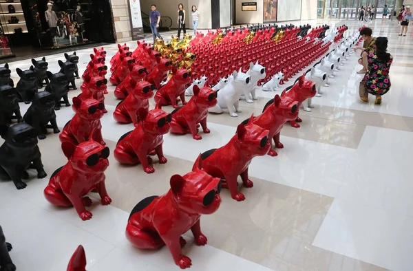 Des Sculptures Bouledogues Exposées Sont Alignées Dans Centre Commercial Ville — Photo