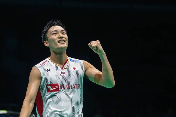 Kento Momota Japón Reacciona Después Derrotar Chen Long China Partido — Foto de Stock