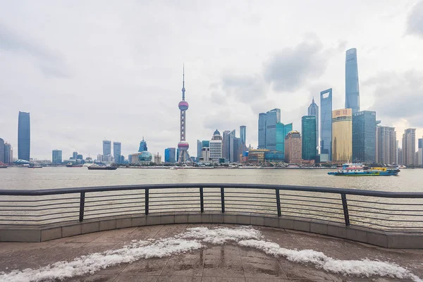 Snowscape Bund Puxi Huangpu River Lujiazui Financial District Oriental Pearl — Stock Photo, Image
