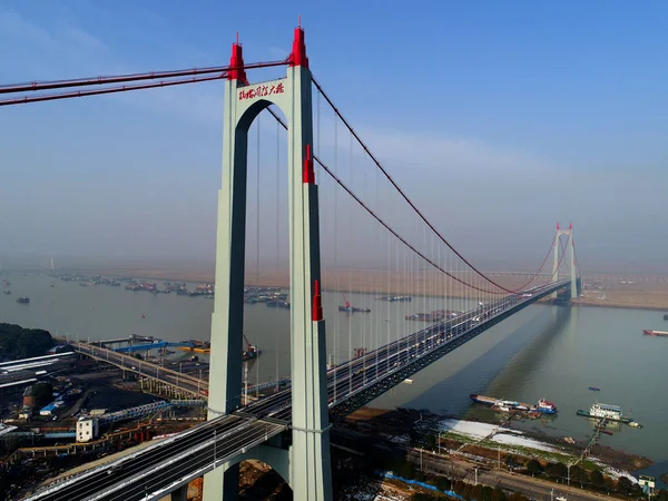 Vista Aérea Del Sitio Construcción Del Segundo Primer Puente Colgante —  Fotos de Stock