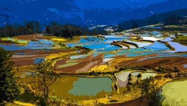 Landscape of terraced rice fields of the Honghe Hani Rice Terraces, one of the UNESCO World Heritage Sites, in Yuanyang county, Honghe Hani and Yi Autonomous Prefecture, southwest China's Yunnan province, 22 February 2018. clipart