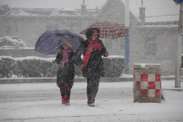 Voetgangers Beschermen Zichzelf Met Parasols Terwijl Een Besneeuwde Weg Lopen — Stockfoto