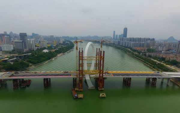 Aerial View Construction Site Baisha Bridge World Largest Asymmetrical Cable — Stock Photo, Image