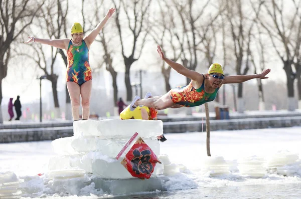 Chinese Winter Swimming Enthusiast Performs Funny Diving Beiling Park Shenyang — Stock Photo, Image