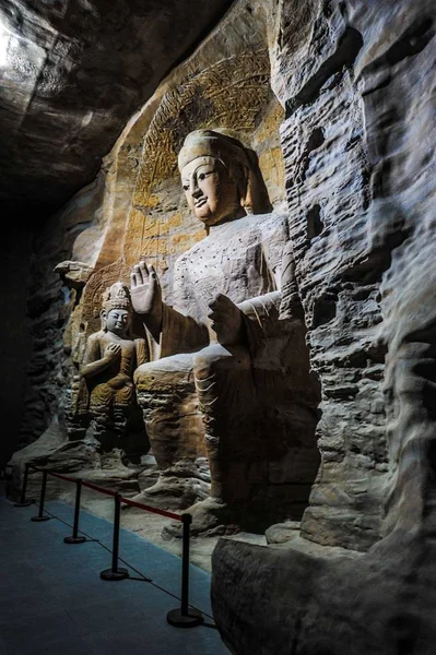 Las Réplicas Tamaño Completo Impresas Estatuas Budistas Las Grutas Yungang — Foto de Stock