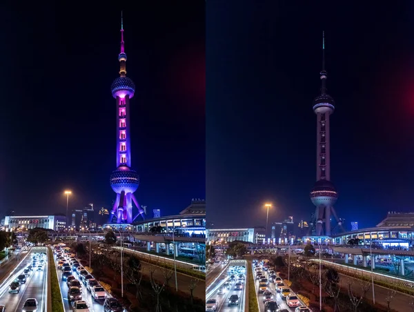 この合成写真は 2018年3月24日 上海でのアースアワーキャンペーンの前 とアースアワーキャンペーンの間にオリエンタルパールテレビタワーを示しています — ストック写真