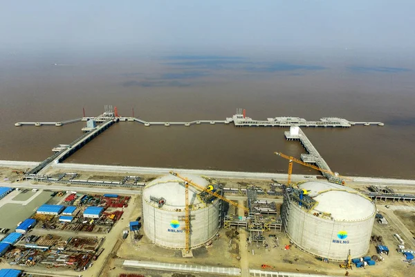 Flygbild Bygg Arbets Platsen För Zhoushan Lng Flytande Naturgas Terminal — Stockfoto
