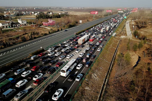 Aerial View Masses Vehicles Queue Expressway Get Back City Chinese — Stock Photo, Image