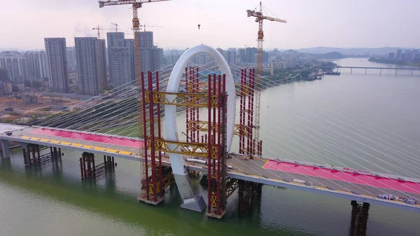 Vue Aérienne Site Construction Pont Baisha Grand Pont Asymétrique Haubans — Photo