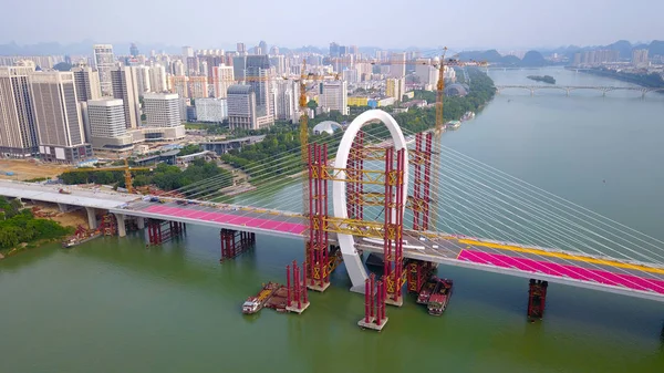 Пташиного Польоту Будівельному Майданчику Baisha Мосту Світі Найбільший Асиметричний Вантовий — стокове фото