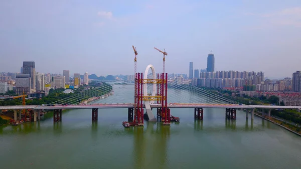 Luftaufnahme Der Baustelle Der Baisha Brücke Der Größten Asymmetrischen Schrägseilbrücke — Stockfoto