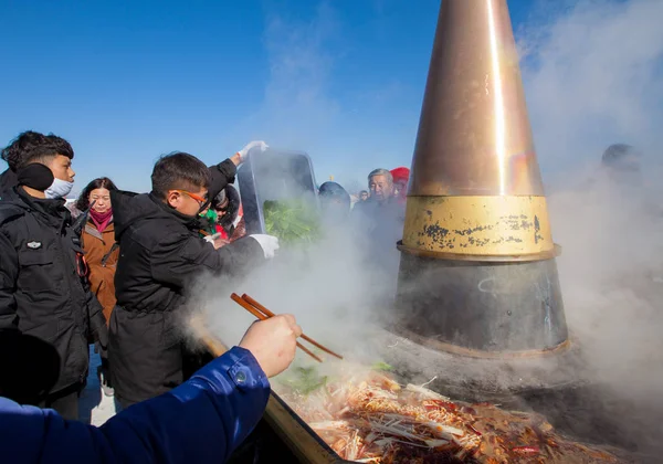 Tourists Enjoy Giant Hot Pot First Ice Snow Hotpot Festival — Stock Photo, Image