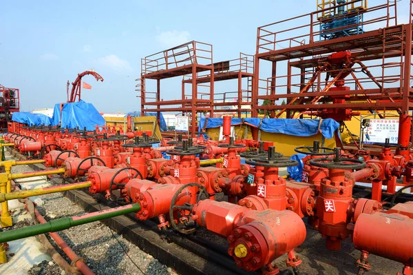 Bestand Hydraulische Breken Apparaten Worden Afgebeeld Een Schaliegas Goed Van — Stockfoto