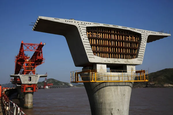 Vue Site Construction Pont Yushan Embranchement Reliant Les Villes Ningbo — Photo