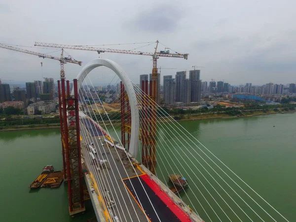 Пташиного Польоту Будівельному Майданчику Baisha Мосту Світі Найбільший Асиметричний Вантовий — стокове фото