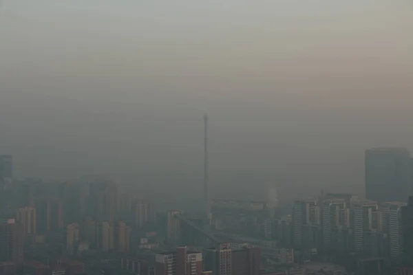 Skyscrapers High Rise Office Buildings Seen Vaguely Heavy Smog Beijing — Stock Photo, Image