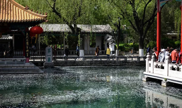 Toeristen Bezoeken Baotu Spring Scenic Area Vallende Wilg Bloeiwijzen Nan — Stockfoto