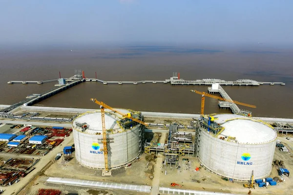 Flygbild Bygg Arbets Platsen För Zhoushan Lng Flytande Naturgas Terminal — Stockfoto