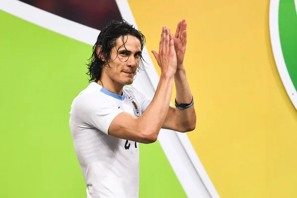 Edinson Cavani Збірна Уругваю Футболу Позує Святкування Після Перемоги Над — стокове фото