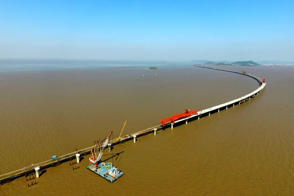 Flygfoto Över Byggplatsen För Yushan Bron Bibana Länka Ningbo Och — Stockfoto