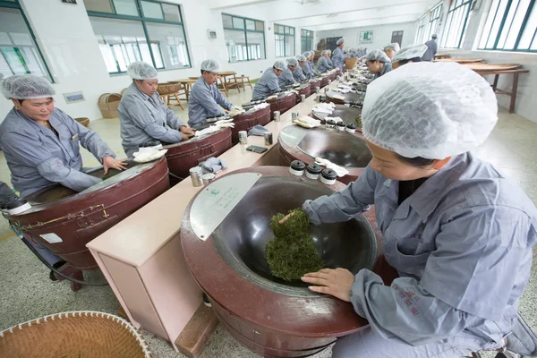 Lavoratori Cinesi Arrostiscono Mingqian Longjing Mano Con Padelle Elettriche Una — Foto Stock
