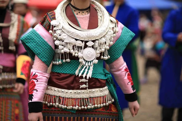 View Traditional Silver Decorations Chinese Girls Miao Ethnic Minority Miao — стоковое фото