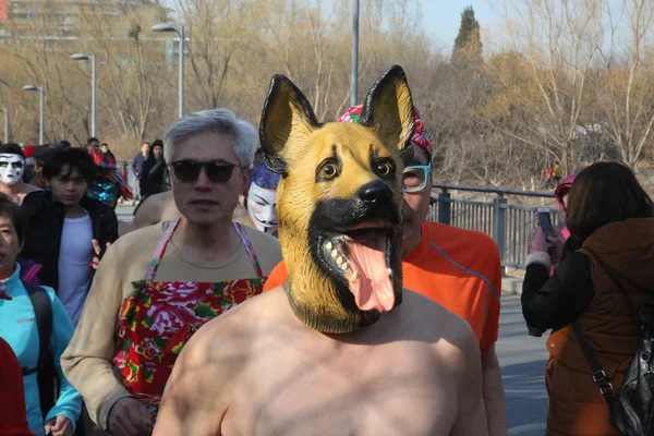 Ένας Συμμετέχων Που Φοράει Μια Μάσκα Σκύλου Σχήμα Παίρνει Μέρος — Φωτογραφία Αρχείου