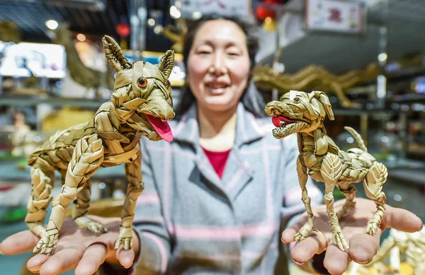 2018年2月10日 中国工艺师贾淑菊在中国中部的河南省洛阳市展示了自己制作的棕榈狗 以纪念即将到来的春节或中国农历新年 — 图库照片
