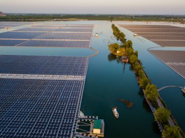 Aerial view of the floating solar energy farm transformed from the coal mining subsidence in Huaibei city, east China's Anhui province, 19 April 2018 clipart