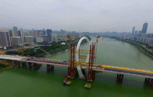 Flygfoto Över Byggplatsen För Baisha Bron Världens Största Asymmetriska Hängbron — Stockfoto