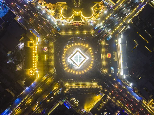 Légi Felvétel Harangtorony Épületek Utcák Éjszaka City Északnyugat Kínában Shaanxi — Stock Fotó