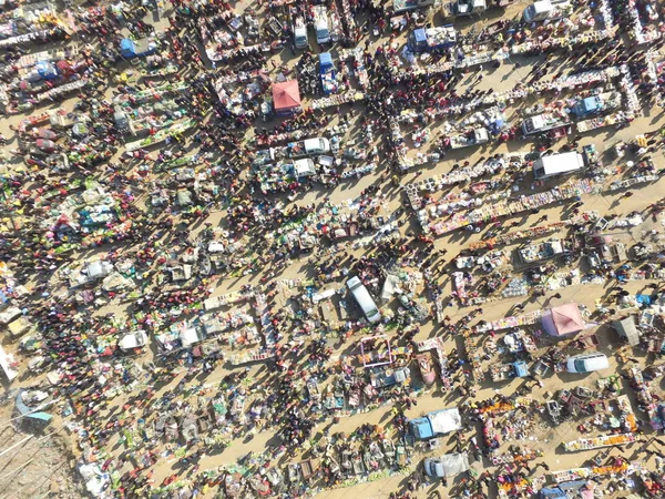 Vista Aérea Residentes Locais Comprando Mantimentos Iguarias Para Próximo Festival — Fotografia de Stock