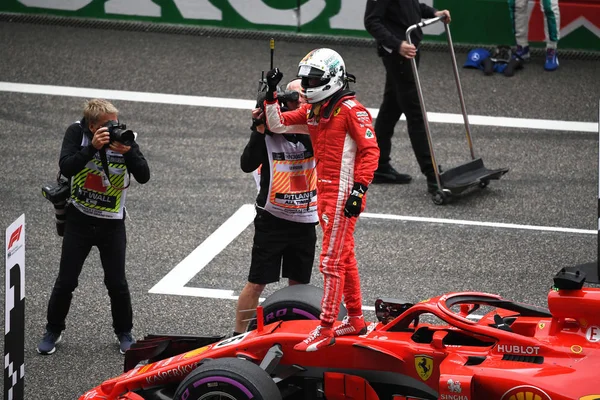 Allemande Sebastian Vettel Ferrari Réagit Après Avoir Remporté Pole Position — Photo