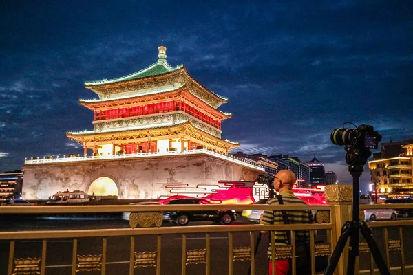 Ночной Вид Колокольню Городе Сиань Северо Западная Провинция Китая Шэньси — стоковое фото